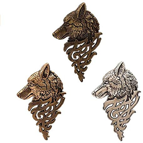 Maijia Lot de 3 broches en forme de tête de loup pour homme et garçon, style rétro européen