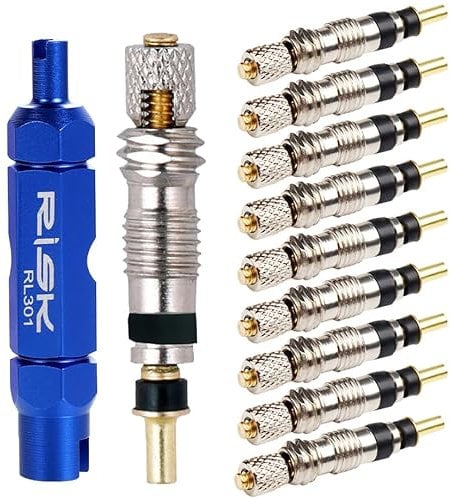 10pcs Presta Valve Cores, Replacement Bicycle Presta Valve Remover Tool Kit, Copper Tubeless Presta Valve Core For Universal Road Bike Car Includes Valve Wrench