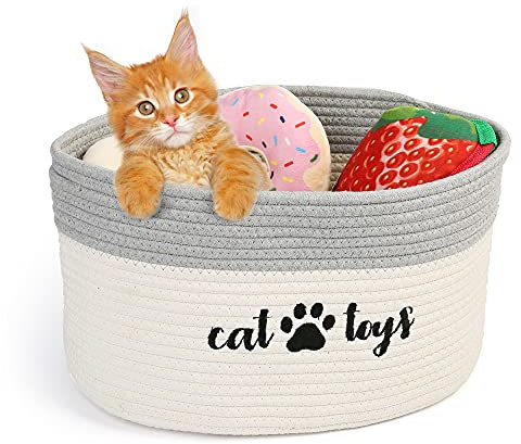 PrimePets Cat Toy Basket, Cotton Rope Storage Basket with Handles, Small Woven Pet Box Bin for Blankets, 15x10x9 inch Cat Holder Container, White and Grey