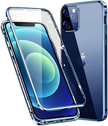 LIUKM Hülle für iPhone 12 Pro/iPhone 12 Magnetische Adsorption Handyhülle 360 Grad Stoßschutz Vorne hinten Gehärtetes Glas Schutzhülle Metallrahmen Cover Case - Blau