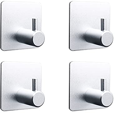 MOUTEK - Selbstklebende Haken, Matte Aluminium-Legierung 5KG Heavy Duty Wandhaken, Badezimmer Handtuchhaken Silber 4 Pack