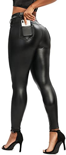 RIOJOY Damen High Waist Lederleggings Lederhose Sexy Lederoptik Leggings Hose mit Gesäßtasche, Schwarz S