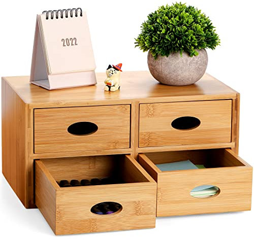 ZOOFOX Organiseur de bureau en bambou 100 % naturel avec 4 tiroirs, table de chevet, organiseur de tiroir de bureau en bois pour maquillage, fournitures de bureau