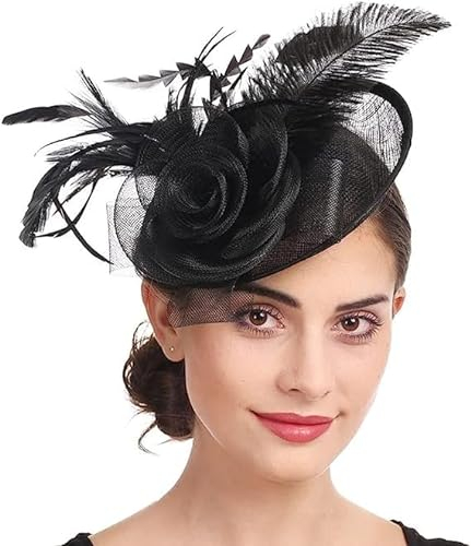 HKSCKJ Fascinator Hut Damen Mütze mit Federn Haarschmuck Blumen Haarreif Mesh Kopfschmuck mit Haarclip Haarspange Elegant Schleier Vintage Kopfbedeckung Hochzeit Party Cosplay Cocktail Kirche