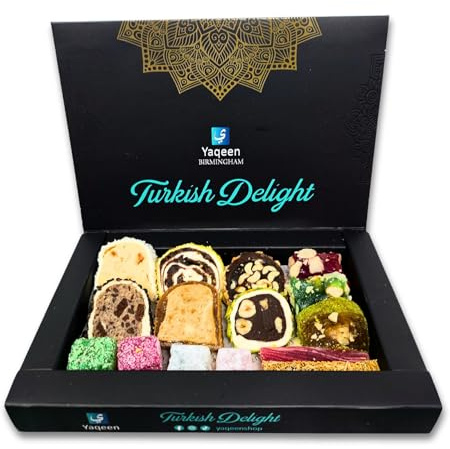 Yaqeen Turkish Delight Lokum Mix Gift Box 15 different flavours Deluxe Sweets Gourmet Soft Candy Vegetarian Halal (250 g)