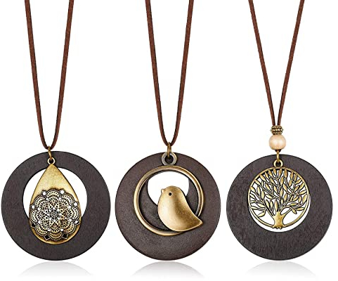 KALVICA 3 Stück Lange Halskette für Damen Vintage Holz Baum des Lebens Vogel Blume Anhänger Halskette Ethno Lange Pullover Ketten Set Boho Statement Ketten Modeschmuck