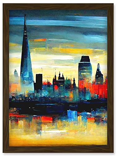 Doppelganger33 LTD London Skyline Reflecting On River Thames Modern Oil Paint Artwork Framed Wall Art Print A4