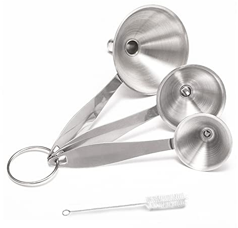 Pamtns 3 Pezzi Imbuto Cucina Mini Imbuto in Acciaio Inox Imbuto in Metallo con Manico Lungo Taglie Grandi a Piccolo Imbuti e Spazzolini per Pulire per Trasferimento di Liquidi Olio Polveri Spezie