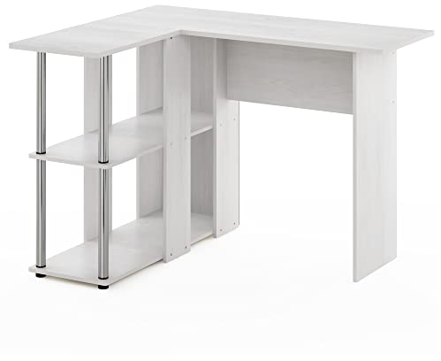 Furinno L-Shape Desk with Bookshelf, Engineered Wood, White Oak/Chrome, 104.5 (W) x 73.51 (H) x 87.5 (D) cm
