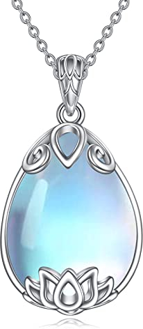 YAFEINI 925 Sterling Silber Mondstein Lotus Kette Filigrane Träne Anhänger Halskette Schmuck Geschenk für Damen Mädchen (J-Lotus Mondstein Kette)
