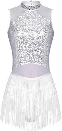 TTAO Damen Pailletten Tanz-Body Ballettbody Ärmellos Glitzer Gymnastikbody Ballett Trikot Leotard Latein Overalls Turnanzug Ballettanzug Weiß A XL