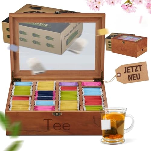 NATURSCHMIED Premium Teebox aus Kirsch Holz mit 20 flexiblen Fächern und Sichtfenster, (22,5x31x10 cm) - [verstärkte Scharniere + starker Verschluss] - Edle Teeaufbewahrung für echte Teeliebhaber