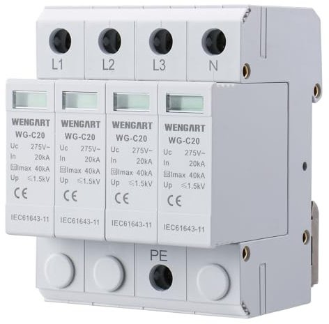 Wengart Protección contra sobretensiones tipo 2 (SPD), 4 polos 20 kA-40 kA, AC 275 V, pararrayos para sistemas TN-S y TT, módulo de protección contra rayos para carril DIN, enchufable y con indicador