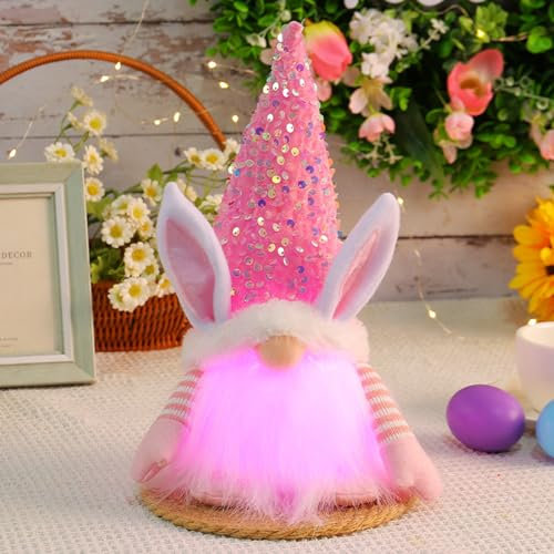 Osterdeko Wichtel mit LED Licht, Ostern Deko Wichtel Figuren, Beleuchteter Ostern Deko Wichtel, Osterwichtel Ostern Hase Deko, Deko Wichtel Für Frühlingsdeko, Tisch Deko, Oster Geschenke (Rosa)