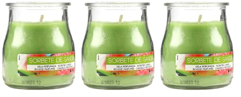 Pack de 3 Velas Aromáticas en Vaso de Yogurt de Cristal Reciclable - 24h de Duración,Cera Vegetal Perfumada, Fabricadas en España, 7x6cm (Sorbete de Sandia)
