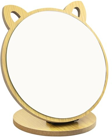JTOOYS Kosmetikspiegel, Tischspiegel Kleiner Spiegel Katzenohrform Schminkspiegel Stehend Holz Makeup Spiegel Einstellbarer Winkel Klappspiegel Spiegel Holzrahmen mit Holzsockel für Schlafzimmer Wohnzimmer, JTOO-3122