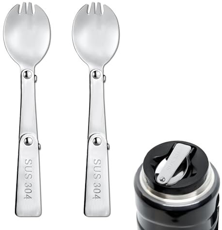 2pcs Spork for Thermos Stainless Steel King Vacuum Insulated Food Jar 16oz, Foldable Spoon Fork Replacement Parts Compatible with Thermos Funtainer 16 oz (Spoon and fork in One Design)