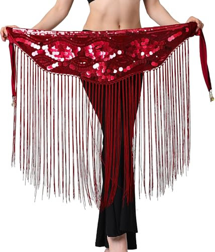 Pailletten Wickel Rock Bauchtanz Hip Rock für Frauen Damen Quaste Dangling Rock Latin Funkeln Rock Fringe Rave Aufführung Rock Outfit Rot