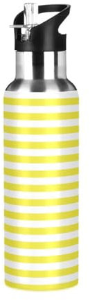 Bouteille d'eau avec paille étanche à rayures jaunes et blanches - Bouteille isotherme pour filles et garçons - 600 ml