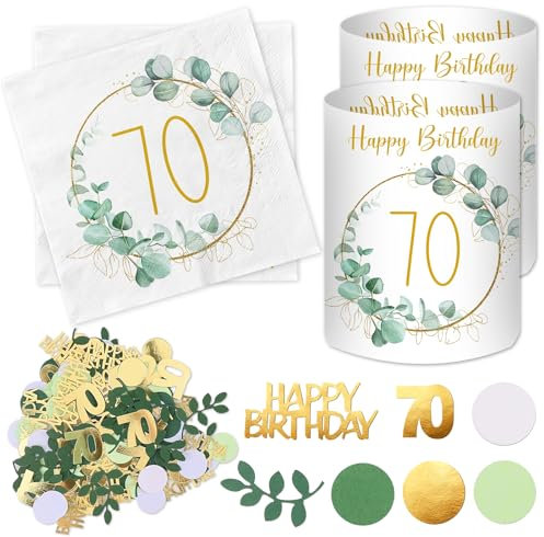 20 Stück Servietten 70 Geburtstag+ 12 Stück Windlicht Tischdeko 70 Geburtstag + 100 Stück Konfetti 70 Geburtstag Deko Grün, Eukalyptus Tisch Deko 70 Jahre, Geschenke zum 70 Geburtstag Frau Mann