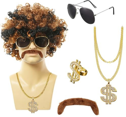 Celestia 3er Set Herren Perücke 70er Jahre Disco Dude Dirt Bag Perücke Halskette & Schnurrbart kurz gelockt Afro Shaggy Perücke Blond Mix Schwarz