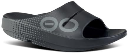 OOFOS OOahh Unisex Slide Sandals - Lightweight Recovery Footwear Reduces Stress on Feet, Joints & Back Machine Washable, Black Matrix, 7 Women/5 Men
