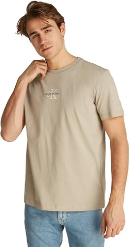 Calvin Klein Herren T-Shirt Kurzarm Monologo Tee aus Baumwolle, Beige (Aluminum), L