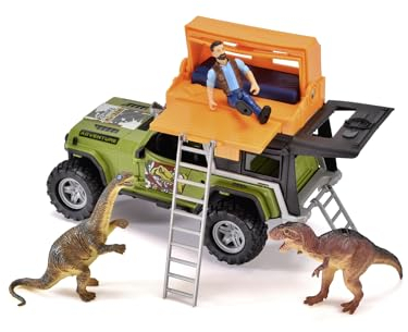 Dickie Toys - Dino-Camper Auto (23 cm) - Jeep Geländewagen mit Ranger & Dinosaurier-Figuren für Kinder ab 3 Jahre, Auto-Spielzeug mit Freilauf, Licht & Sound, inkl. Batterien