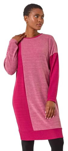 Roman Originals Knitted Jumper Dress for Women UK - Ladies Colour Block Winter Autumn Smart Casual Office Bodycon Workwear Everyday Long Sleeve Knee Length Knit Pocket - Red & Pink - Size 10