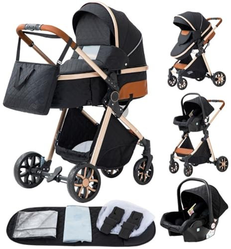 GLOKID Passeggino 3 in 1，Passeggino Canne，Trio，Portatile，Con Seggiolino Accessori，Adattatori universali，4 ruote con ammortizzatori，navicella，grandi ruote (LV9 Nero)