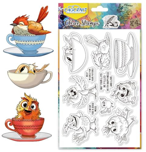 CHGCRAFT Vogel Silikon Stempel Tasse Tee mit Silikonstempel Kunsthandwerk Cartoons Stil transparent Stamp DIY Siegel Clipbook Karte Herstellung von Fotobuch und Postkarten Dekoration