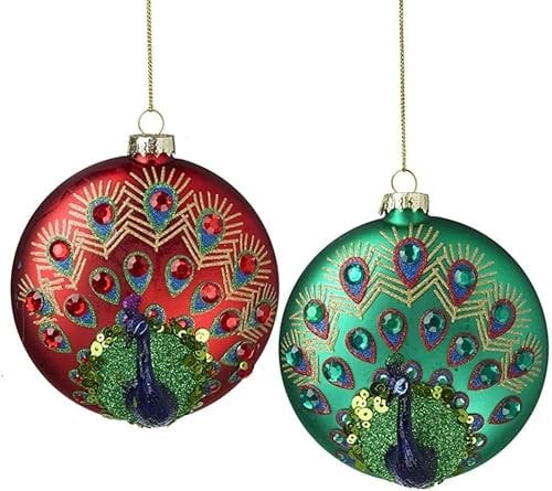Set of 2 - Luxury Iridescent Red/Green/Purple/Gold PEACOCK Design Christmas Tree Bauble/Decorations - 11cm