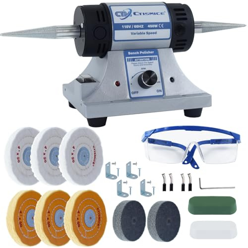 CTISMICE - Jewelry Bench Polisher, Adjustable Variable Speed Table Polishing Machine, 450W Buffer Grinder with 8 Polishing Wheels, 2 Pieces Polishing Compound, Glasses
