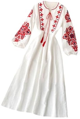 LOVIVER Bohemian Long Sleeve Dress for Spring Autumn Round Neck A Line Casual Maxi Dress, White