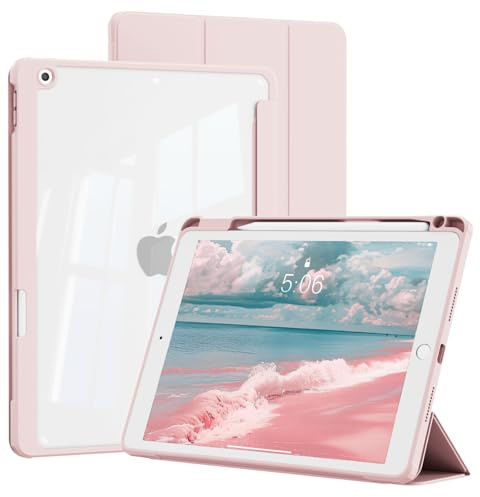 KVTVOU Hülle für iPad 9. / 8. / 7. Gen 10,2 Zoll 2021/2020/2019, Rosa | Eingebauter Stifthalter, Transparente PC Rückseite, Auto Wachen/Schlafen, Voller Schutz, Stoßfeste, Trifold Ständer