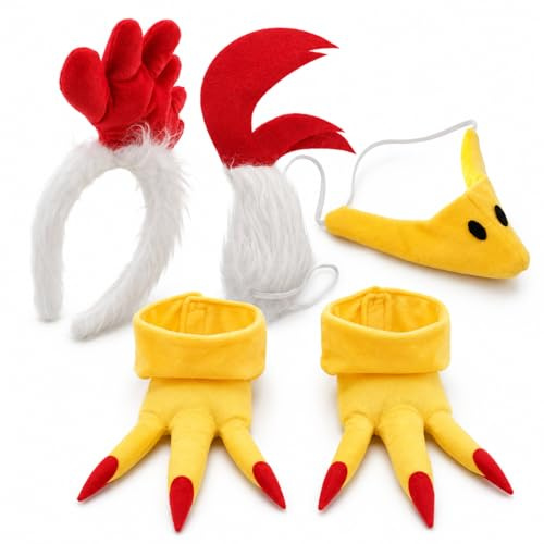 Warmhm Hahn Kostüm Set Kinder: 5tlg Hühnerstirnband Schnabel Nase Schwanz Kükenfüße Hühnerkostüm Zubehör für Kinder Erwachsene Halloween Karneval Ostern Cosplay