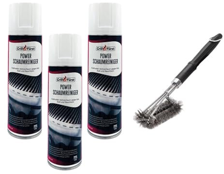 Grillfürst 3X Power Schaumreiniger + schraubbare Grillbürste für Edelstahlgrillroste - 3 x 300 ml Aktivschaumreiniger für emaillierte Oberflächen, Edelstahl und Sichtscheiben + Reinigungsbürste