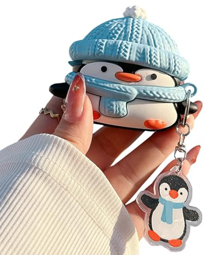 QoKcoahn - Custodia carina con personaggio dei cartoni animati per AirPods 4 4ª generazione, cover in morbido silicone 3D stile Kawaii con cappello blu a forma di pinguino, portachiavi, divertente e
