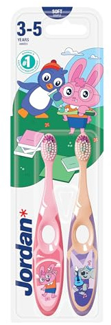 Jordan ® | Step 2 Zahnbürste Kinder | Kinder zahnbürste für 3-5 Jahre | Weiche Borsten, doppelter ergonomischer Griff & BPA-frei | Lila und Gelb | Pack 2 Einheiten
