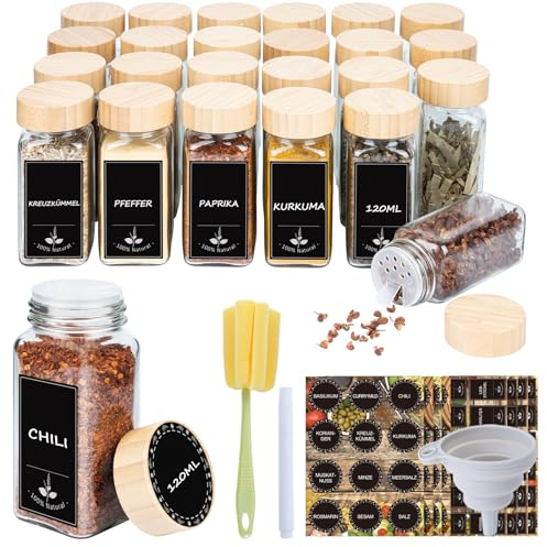 Kidsgigglz 24 Pots à Épices en Verre Carré 120ml avec Insert Saupoudreur – Bocaux Épices Cuisine avec Étiquettes, Entonnoir, Marqueur et Brosse – Boite Épices Rangement Cuisine, Couvercles en Bois