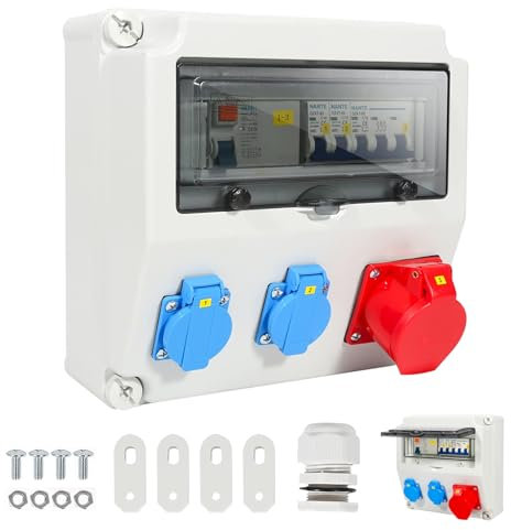 Wandverteiler, Stromverteiler mit Leitungsschutzschalter und RCCB, 1X16A 2x230V MIT LS+FI Baustromverteiler mit Sicherheitsklappdeckel und CEE-Steckdose 16A für Innen- und Außenanwendung