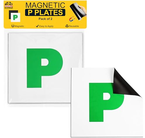 Double Dragon 2-Pack Fully Magnetic Green P Plates for New Drivers | DVLA Legal 178x178mm UK Road Signs | Extra-Strong 1.25mm Rubber Magnet, Glossy PVC Finish | Durable, Scratch-Free, Wind Resistant