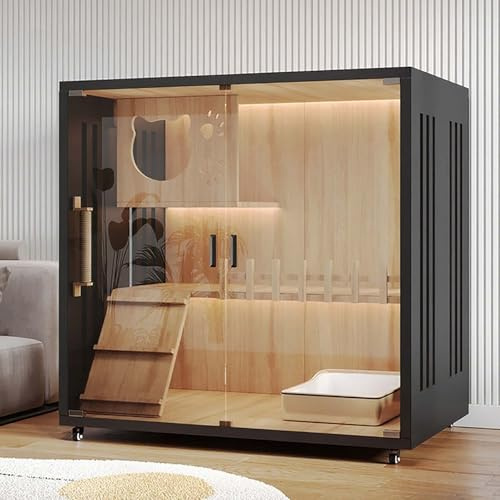 XDOPIRRS Großer Innenraum-Katzenkäfig, Outdoor-Katzenbalkon-Gehege, extragroßes Katzenhaus aus Holz mit abschließbaren Rollen, Katzenvilla mit gehärtetem Glas — Für große Katzen geeignet(E)