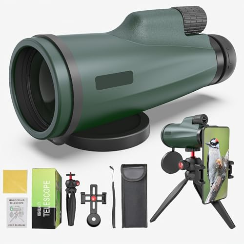 AMITHER Télescope monoculaire 12 x 50 avec adaptateur smartphone et trépied, monoculaire portable haute puissance pour observation des oiseaux, camping, randonnée, concerts