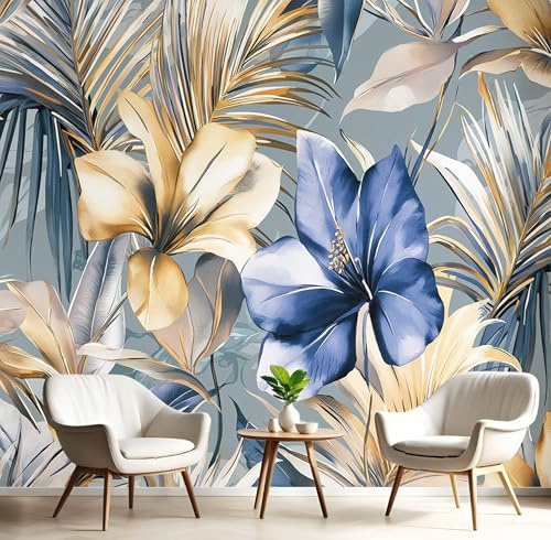 GSAEIMCT Papier Peint Or Bleu Fleurs Feuilles De Palmier Poster Tableaux Photo Mural Panoramique 3D Aquarelle Tropicale Pour Salon Meubles Chambre À Couche Couloir Décoration Murale,450X300Cm