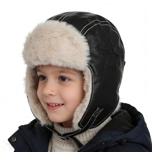 YJZQ Casquette Pilote Enfant Vintage - Bonnet Aviateur Chaud Chapka d'hiver en PU et Fausse Fourrure pour Cool Garçons & Filles (Âge 2-6 Ans)