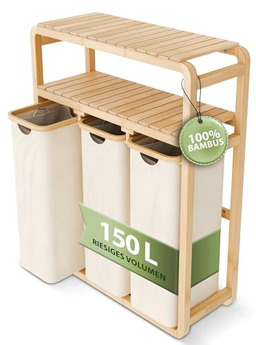 AMBIAVO Wäschekorb 3 Fächer beige · Wäschesammler Regal, doppelte Ablage | Warme Holz-Optik aus Bambus, schmal, riesiges Volumen, 50 L pro Fach, Wäschesortierer mit waschbaren Baumwollsäcken