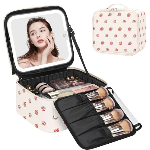 Relavel Trousse de maquillage de voyage avec miroir LED, étui de train cosmétique portable avec miroir lumineux de 3 couleurs, organisateur de maquillage avec séparateurs réglables – Fraise blanche