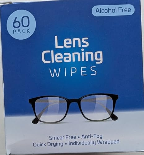Lens Cleaning Wipes, 60 Pack, Alcohol Free, Anti-Fog | Smear-free quick-drying wipes for glasses, screens and camera lenses, individually wrapped