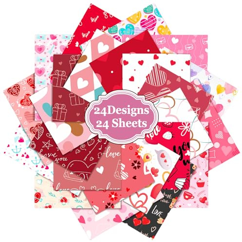 FOSDICK 24 Blatt Scrapbook Papier Herzformen, Buntes Scrapbooking Papier, 15x15cm Scrapbook Zubehör Dekorpapier, Herz Muster Motivpapier, Decoupage papier für Journal Scrapbooking Geschenkverpackung